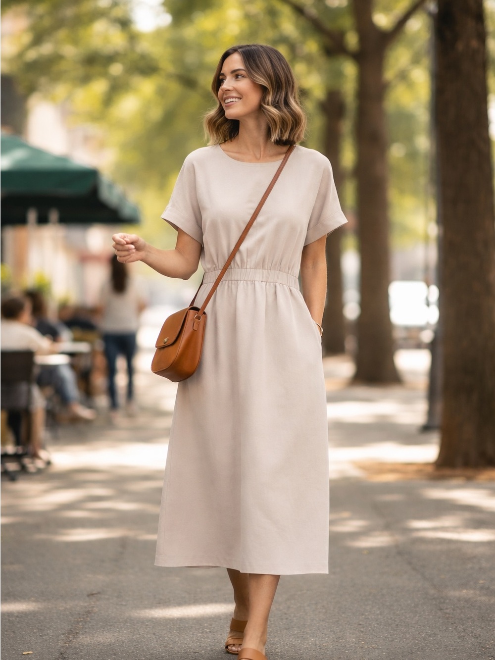 Aritzia Wilfred Relaxed Short-Sleeve Midi Dress in Taupe size L